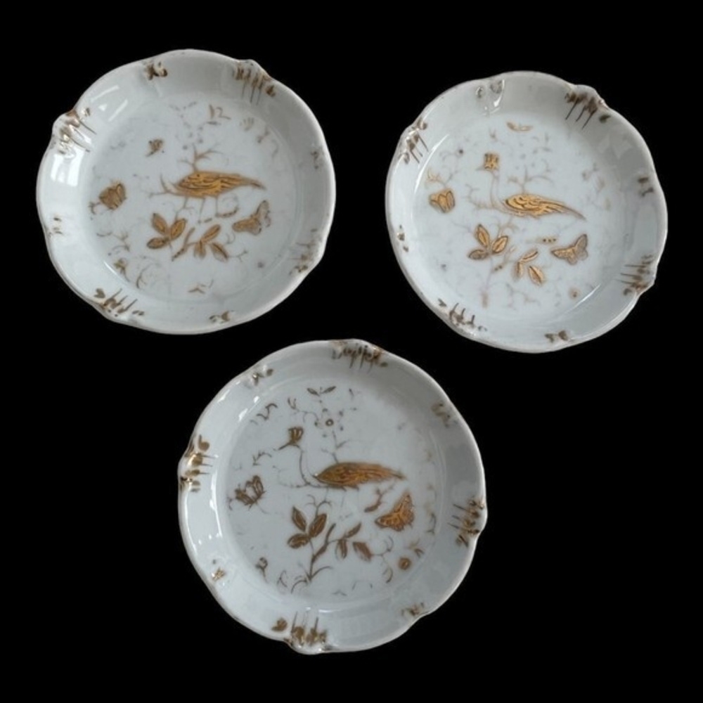 Vintage Ardalt Japan Peacock Butterfly Nut Dishes Coasters Set 3 Gold Ceramic VG